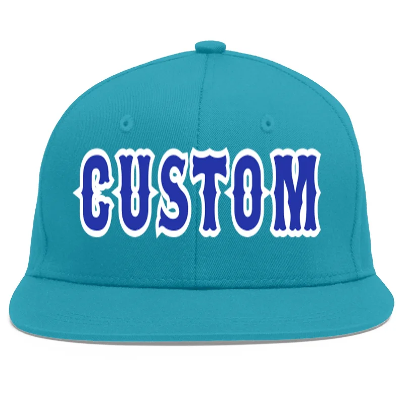 Baseball caps with elastic fit-Custom Aqua Royal-White Flat Eaves Sport Baseball Cap