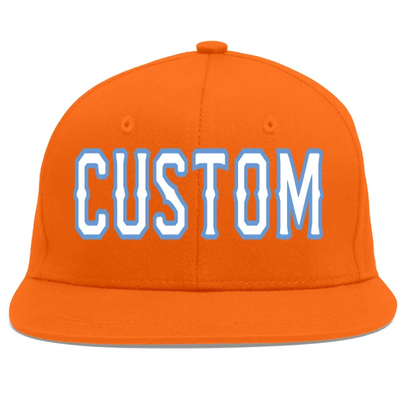 Ventilation features in baseball caps-Custom Orange White-Light Blue Flat Eaves Sport Baseball Cap