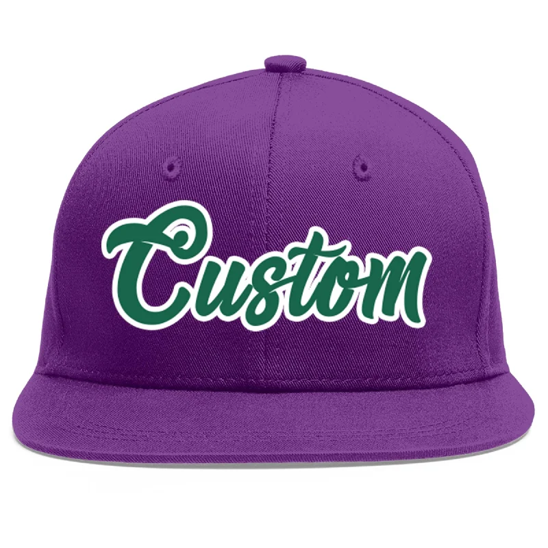 Pairing baseball caps with sports shirts-Custom Purple Kelly Green-White Flat Eaves Sport Baseball Cap