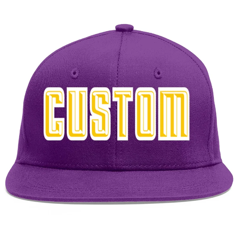 Baseball caps for long wear comfort-Custom Purple Gold-White Flat Eaves Sport Baseball Cap