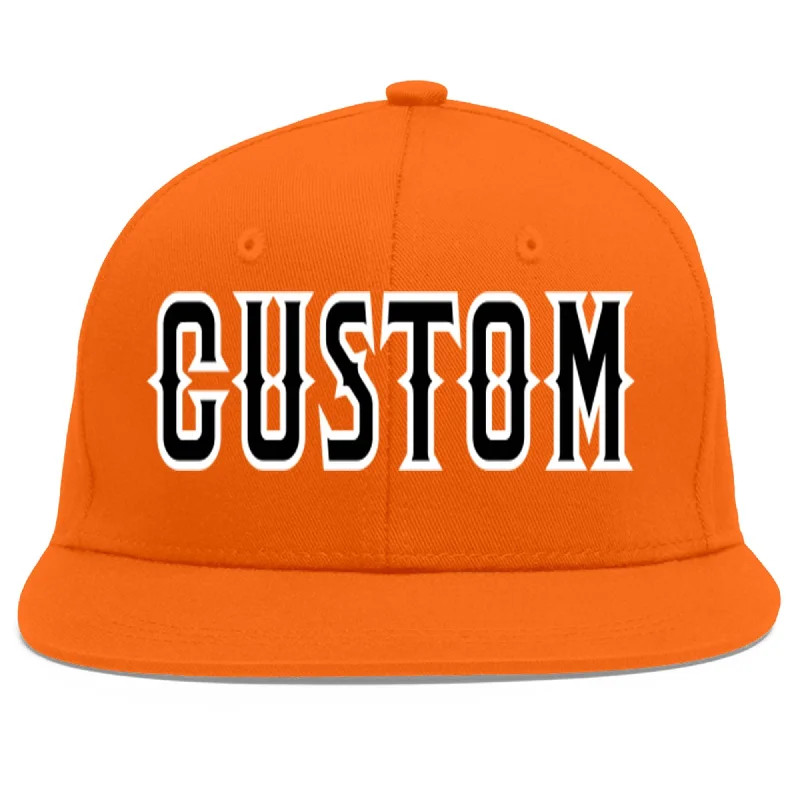 Classic baseball cap designs-Custom Orange Black-White Flat Eaves Sport Baseball Cap