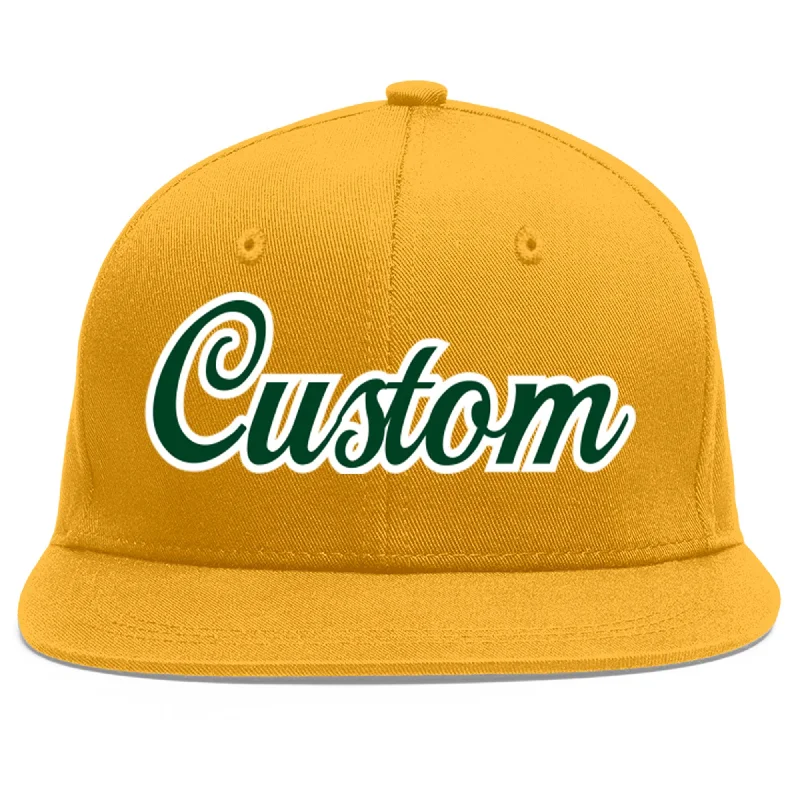 Baseball cap accessories to consider-Custom Gold Green-White Flat Eaves Sport Baseball Cap