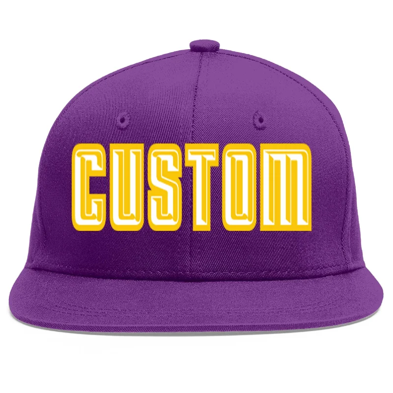 Adjustable strap baseball caps-Custom Purple White-Gold Flat Eaves Sport Baseball Cap