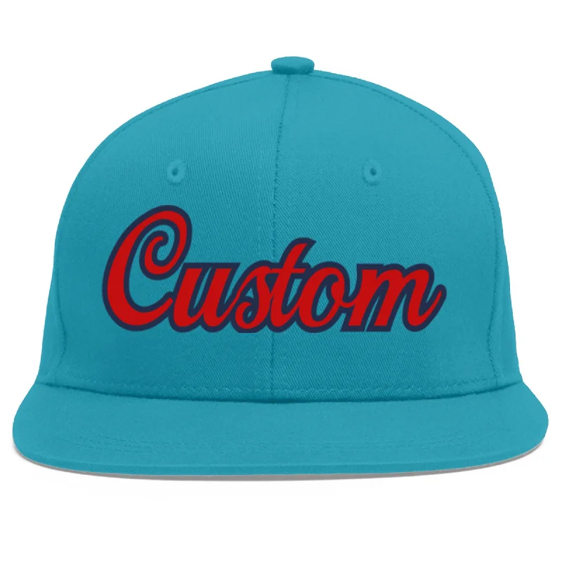 Trendy baseball cap styles-Custom Aqua Red-Navy Flat Eaves Sport Baseball Cap