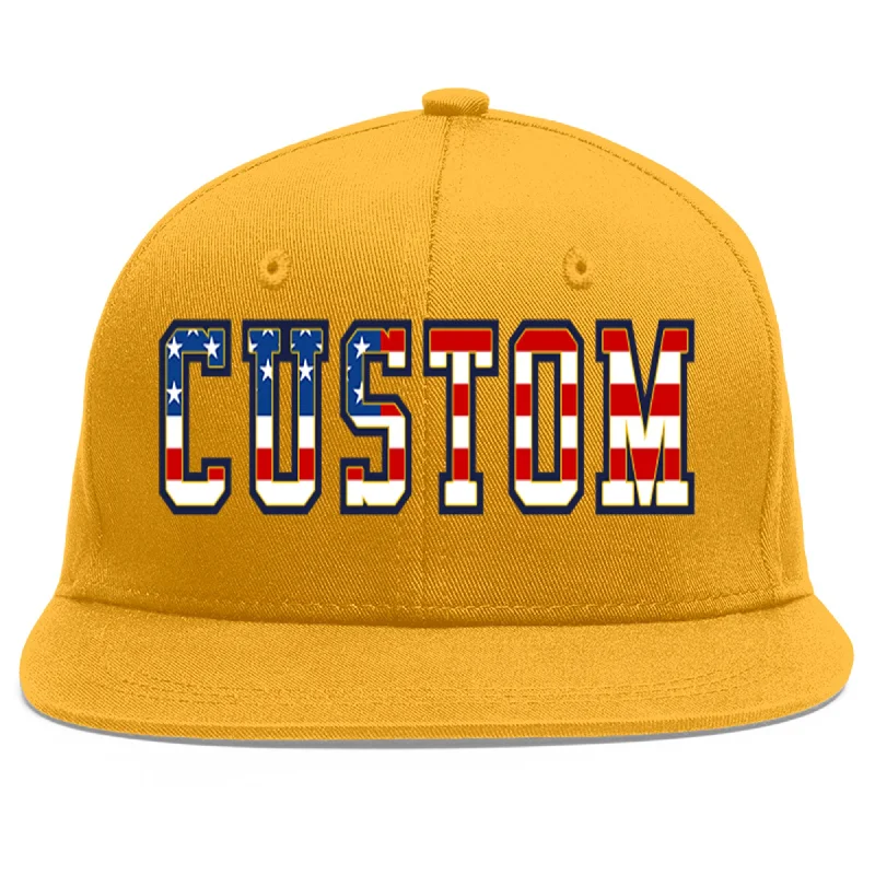 Baseball cap color combinations-Custom Gold Vintage USA Flag-Gold Flat Eaves Sport Baseball Cap