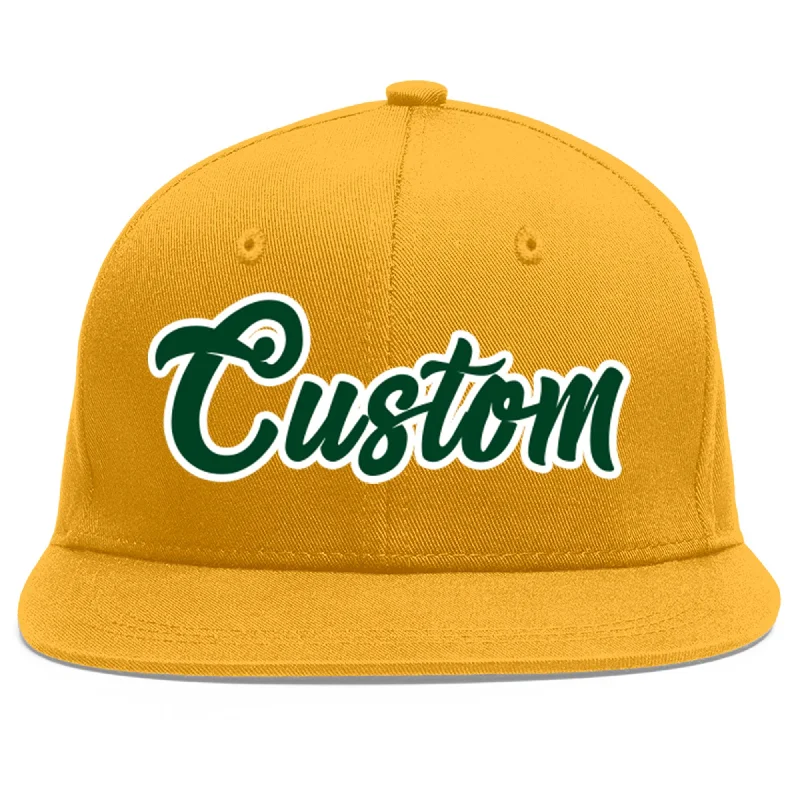 Everyday wear baseball caps-Custom Gold Green-White Flat Eaves Sport Baseball Cap