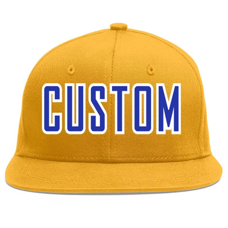 Baseball caps for running and cycling-Custom Gold Royal-White Flat Eaves Sport Baseball Cap