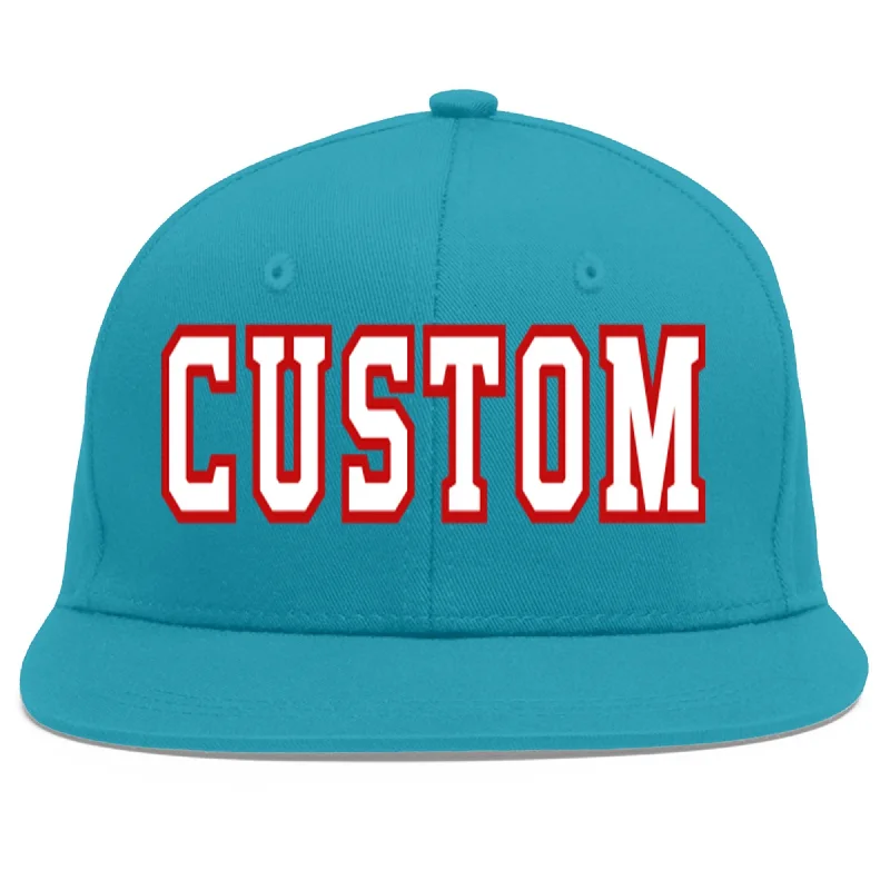 Baseball caps for different head shapes-Custom Aqua White-Red Flat Eaves Sport Baseball Cap