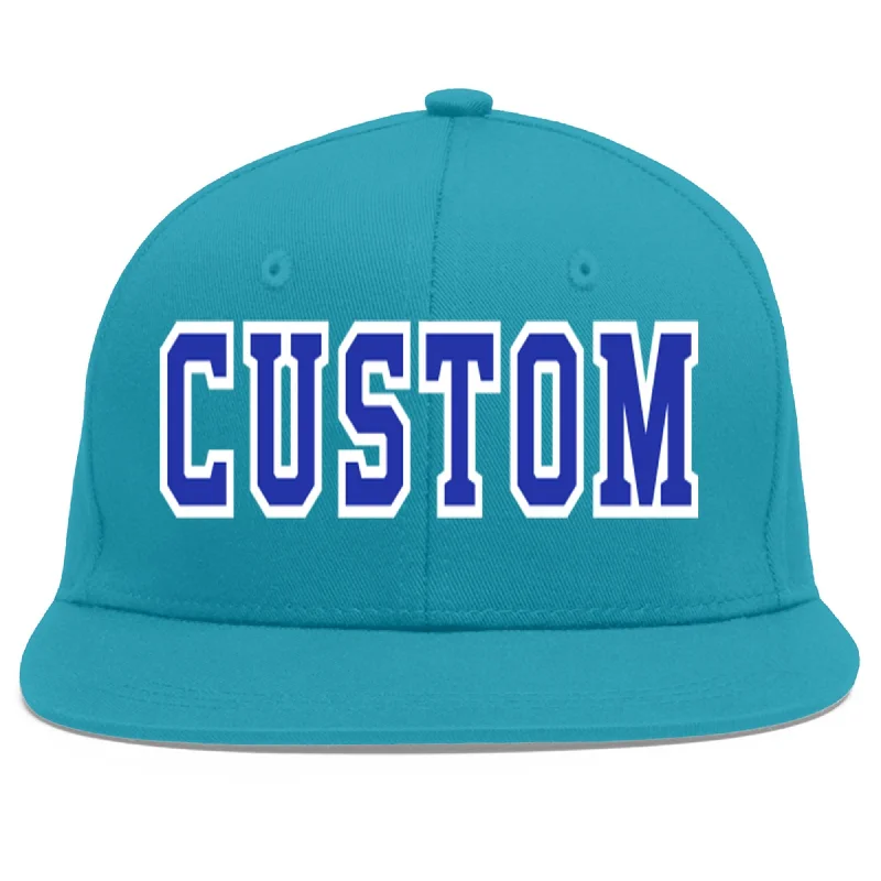 Functional features of baseball caps-Custom Aqua Royal-White Flat Eaves Sport Baseball Cap