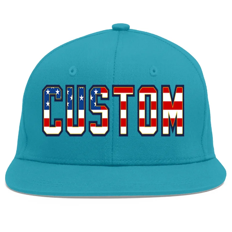 Breathable materials in baseball caps-Custom Aqua Vintage USA Flag-Gold Flat Eaves Sport Baseball Cap