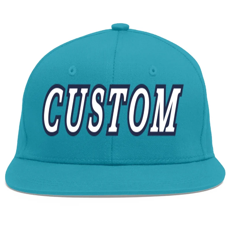 Sweat-proof baseball caps-Custom Aqua White-Navy Flat Eaves Sport Baseball Cap