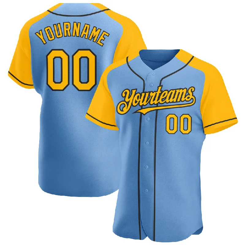 Baseball jerseys for recreational players-Custom Light Blue Gold-Black Authentic Raglan Sleeves Baseball Jersey