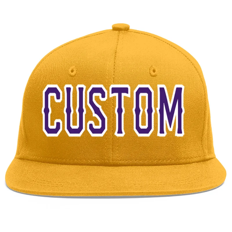 UV protection in baseball caps-Custom Gold purple-White Flat Eaves Sport Baseball Cap