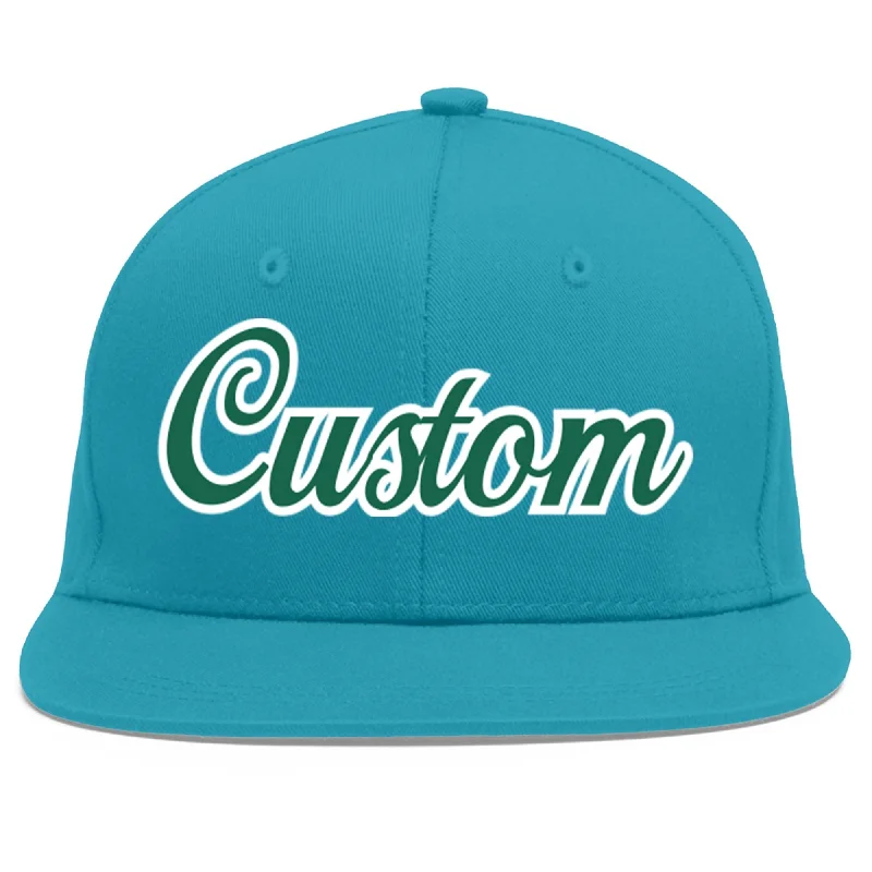 Best baseball caps for summer-Custom Aqua Kelly Green-White Flat Eaves Sport Baseball Cap