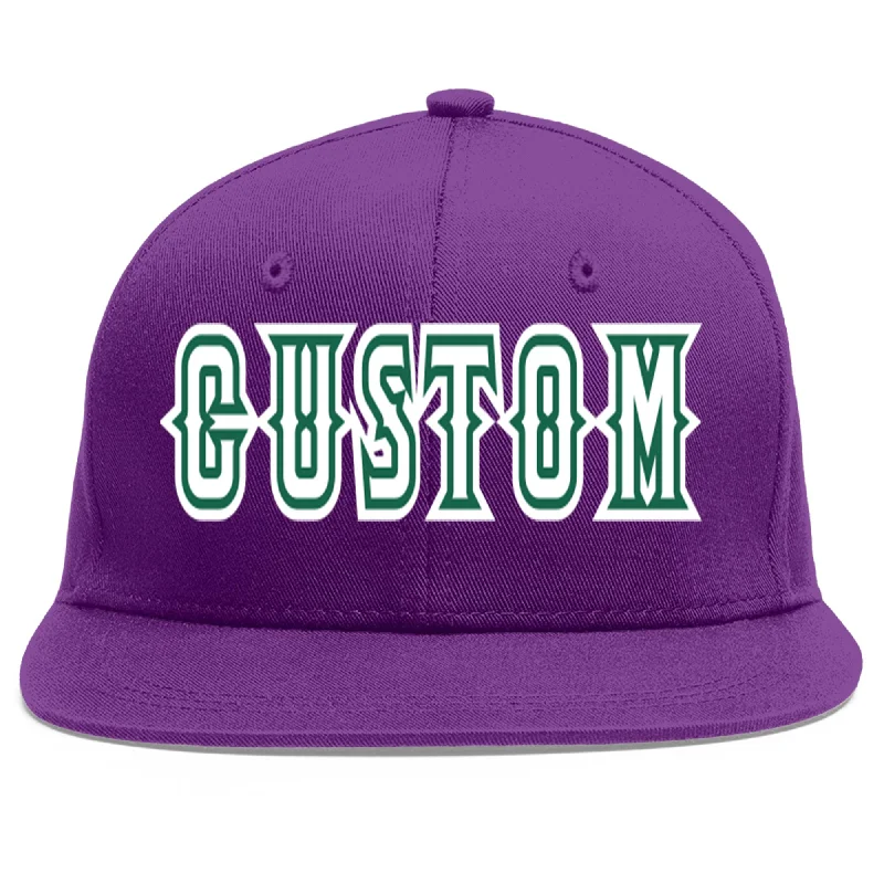 Baseball caps for outdoor adventures-Custom Purple White-Kelly Green Flat Eaves Sport Baseball Cap