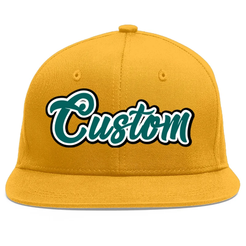 Baseball caps for sunshade-Custom Gold Aqua-White Flat Eaves Sport Baseball Cap