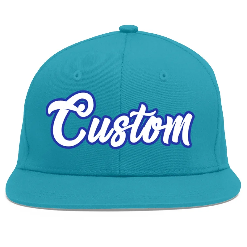 Sweat-proof baseball caps-Custom Aqua White-Royal Flat Eaves Sport Baseball Cap