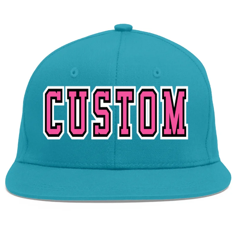 Baseball cap history and origin-Custom Aqua Pink-Black Flat Eaves Sport Baseball Cap