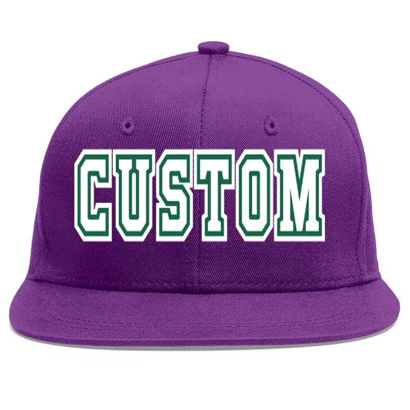 Baseball caps for outdoor sports-Custom Purple White-Kelly Green Flat Eaves Sport Baseball Cap