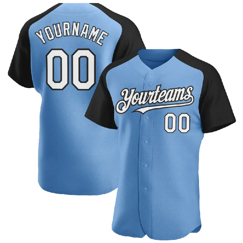 Baseball jerseys for summer league teams-Custom Light Blue White-Black Authentic Raglan Sleeves Baseball Jersey