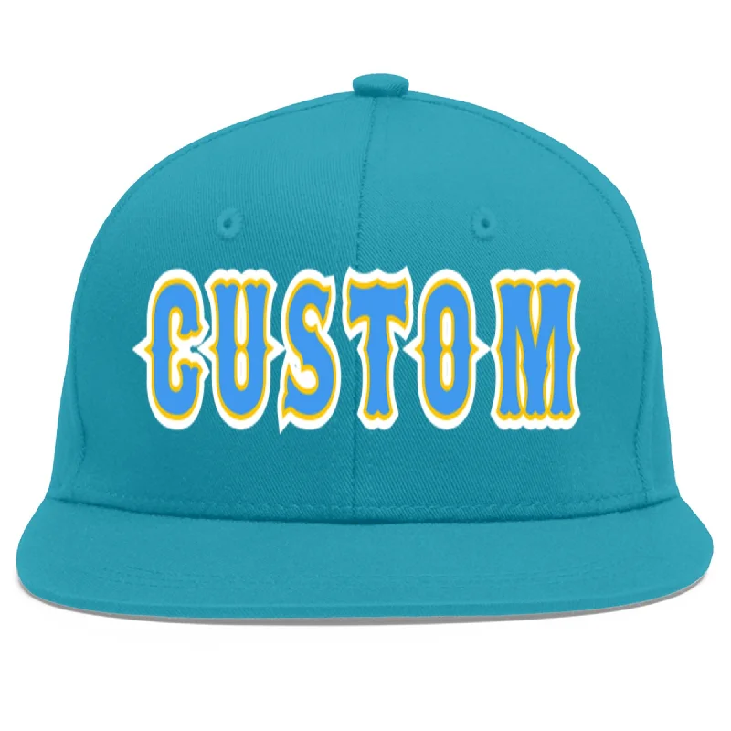 Interior lining features in baseball caps-Custom Aqua Powder Blue-Gold Flat Eaves Sport Baseball Cap