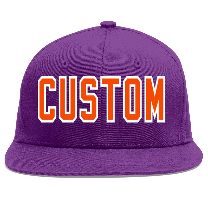 Breathable materials in baseball caps-Custom Purple Orange-White Flat Eaves Sport Baseball Cap