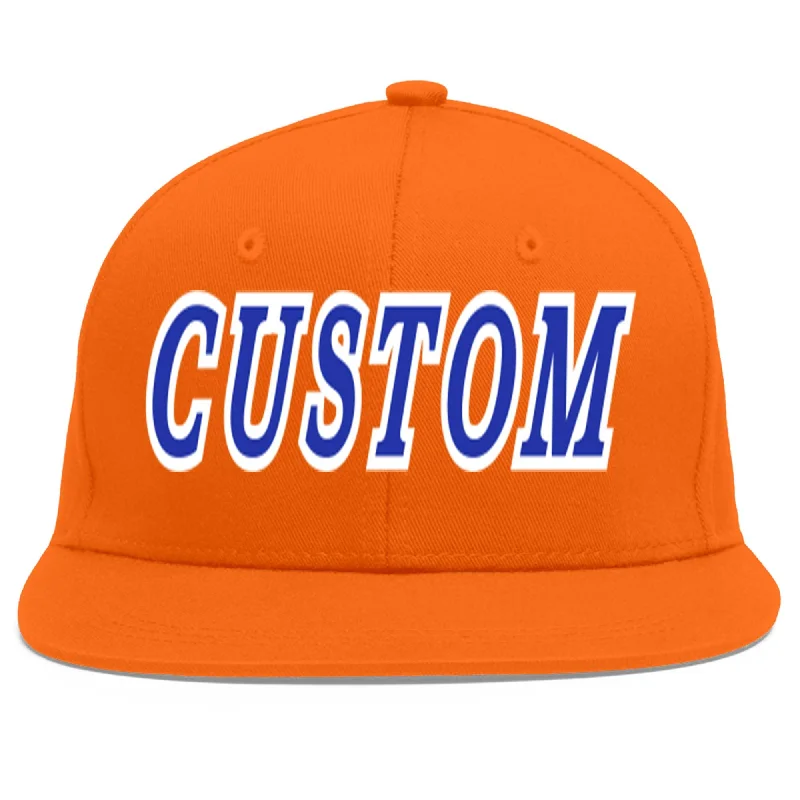 Baseball caps for athletes' performance-Custom Orange Royal-White Flat Eaves Sport Baseball Cap