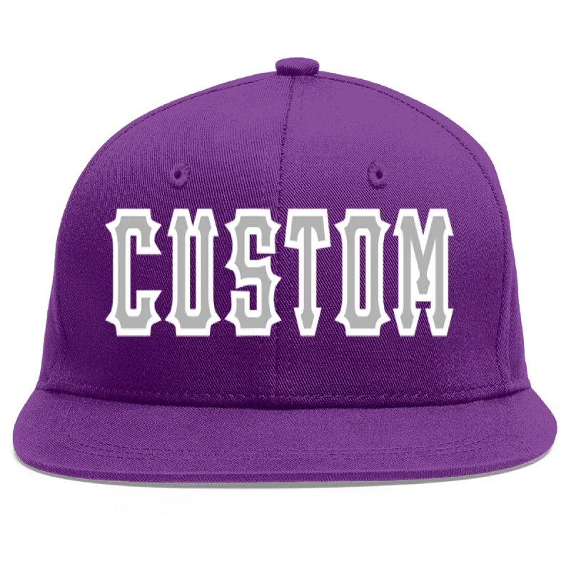 Top baseball cap brands-Custom Purple Gray-White Flat Eaves Sport Baseball Cap