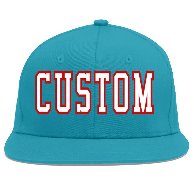 Baseball caps with mesh panels-Custom Aqua White-Red Flat Eaves Sport Baseball Cap