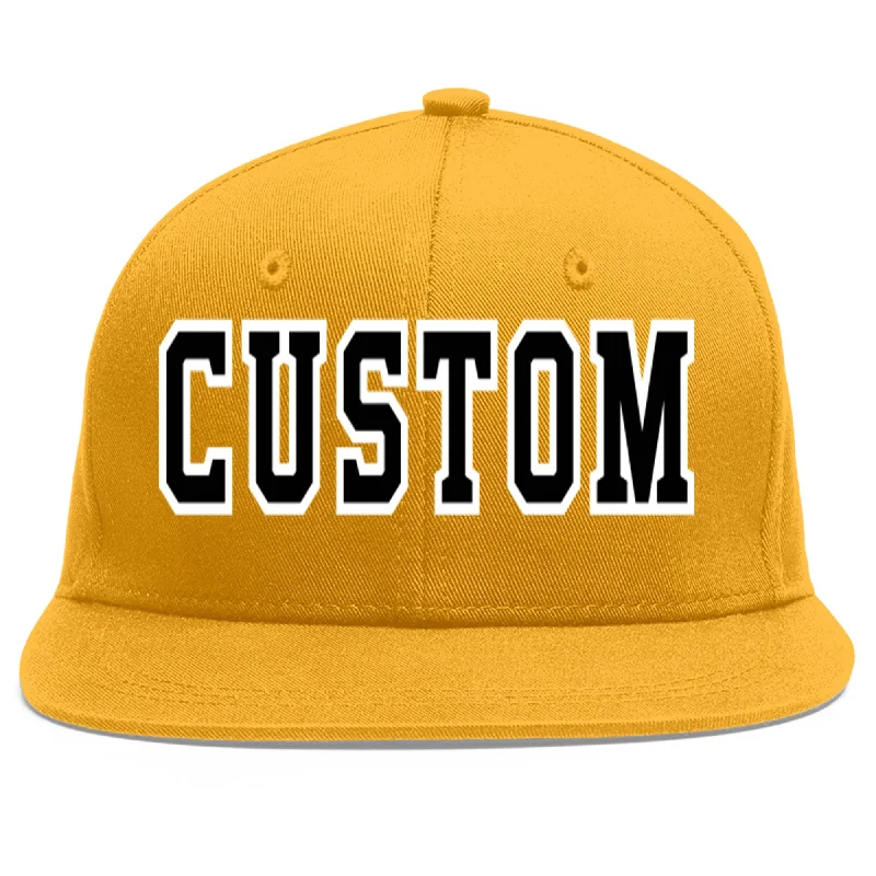 Athletic-style baseball caps-Custom Gold Black-White Flat Eaves Sport Baseball Cap