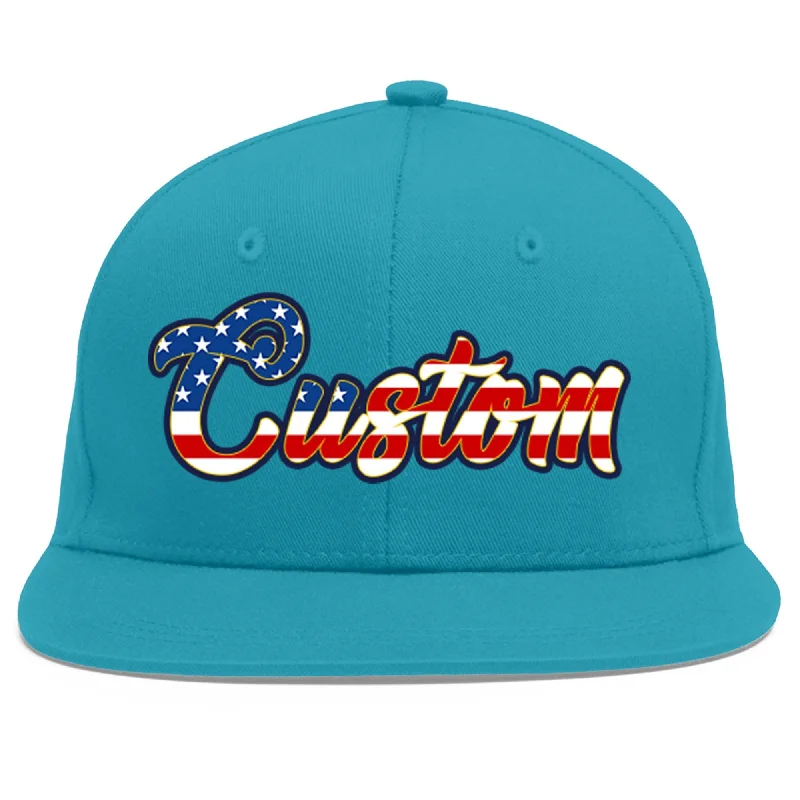 Baseball caps with casual outfits-Custom Aqua Vintage USA Flag-Gold Flat Eaves Sport Baseball Cap