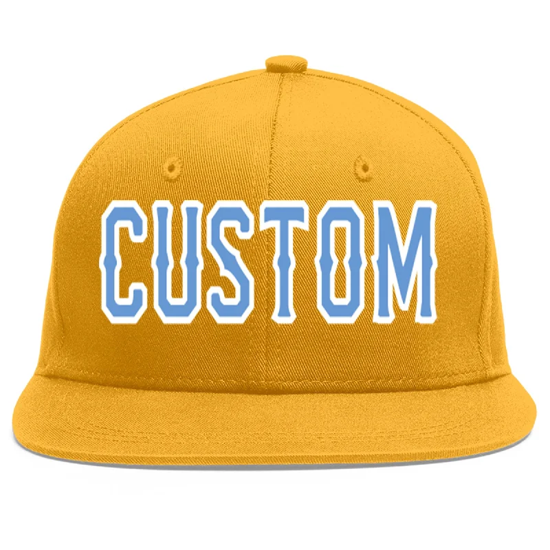 Customizable baseball caps-Custom Gold Light Blue-White Flat Eaves Sport Baseball Cap