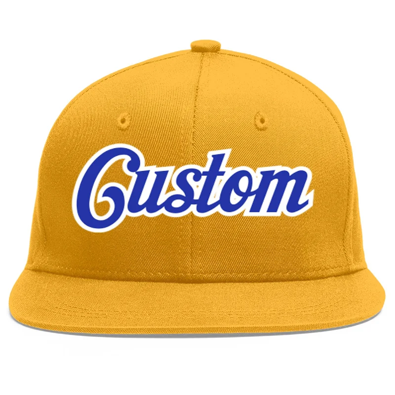 Baseball caps for casual wear-Custom Gold Royal-White Flat Eaves Sport Baseball Cap