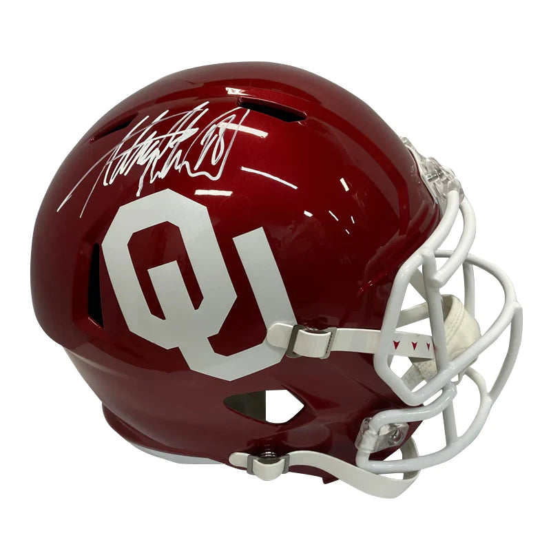 How to assess football helmet quality and performance-Adrian Peterson Autographed Oklahoma Replica Helmet