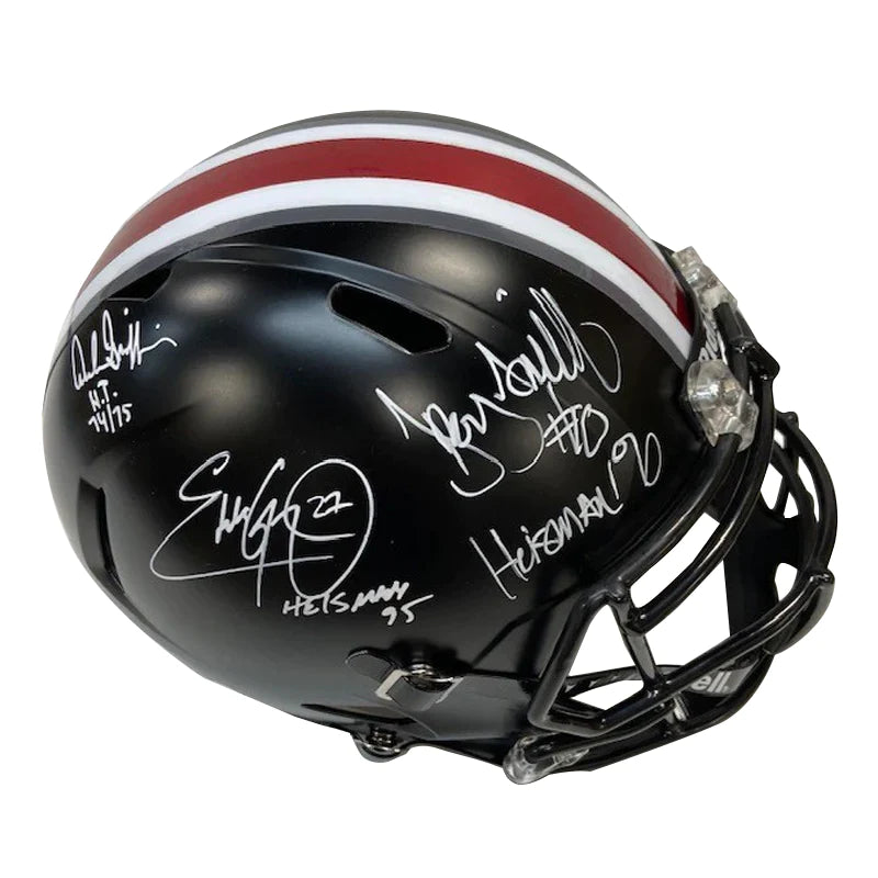 Material innovation in football helmet designs-Archie Griffin, Eddie George & Troy Smith Autographed "Heisman" Ohio State Black Replica Helmet