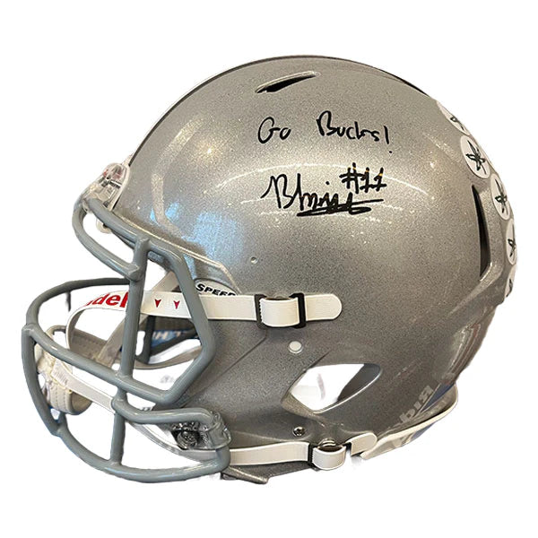 Football helmet outer shell design-Brandon Inniss Autographed "Go Bucks" Ohio State Silver Replica Football Helmet