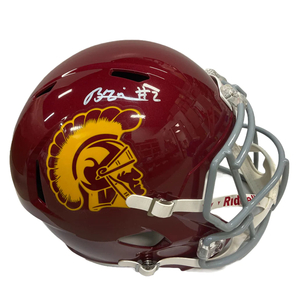 Pairing football helmets with protective gear-Brenden Rice Autographed Full-Size Replica USC Helmet