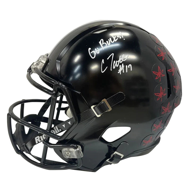 Football helmet shock absorption systems-Carnell Tate Autographed "Go Bucks" Ohio State Black Authentic Football Helmet