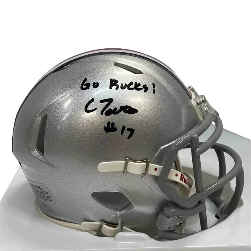 Football helmet adjustment systems-Carnell Tate Autographed "Go Bucks" Ohio State Silver Replica Football Helmet