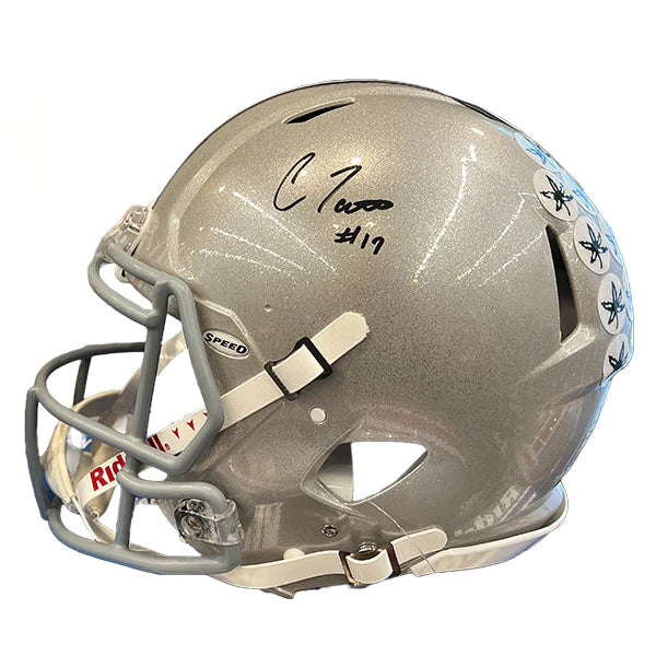 Football helmet protective capabilities-Carnell Tate Autographed Ohio State Silver Replica Football Helmet