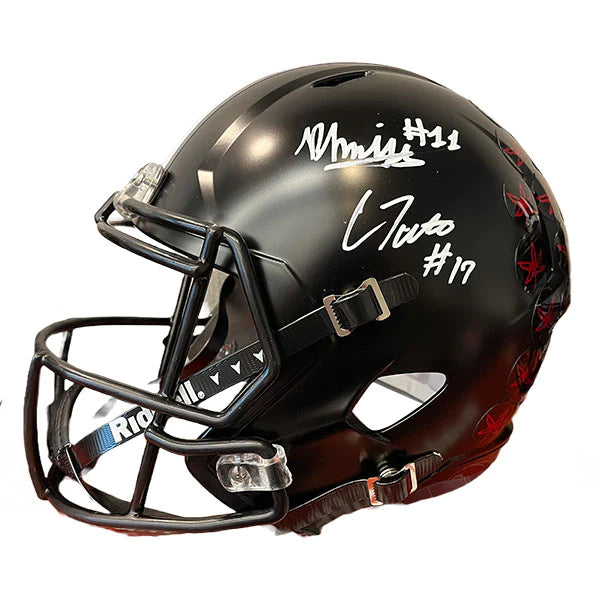 Football helmet protection capabilities-Carnell Tate & Brandon Inniss Autographed Ohio State Black Mini Football Helmet