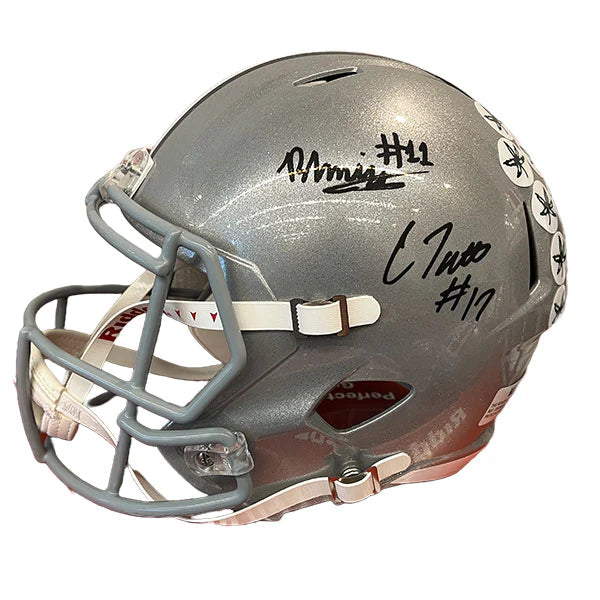 Comfortable inner lining materials for football helmets-Carnell Tate & Brandon Inniss Dual Autographed Ohio State Silver Replica Football Helmet