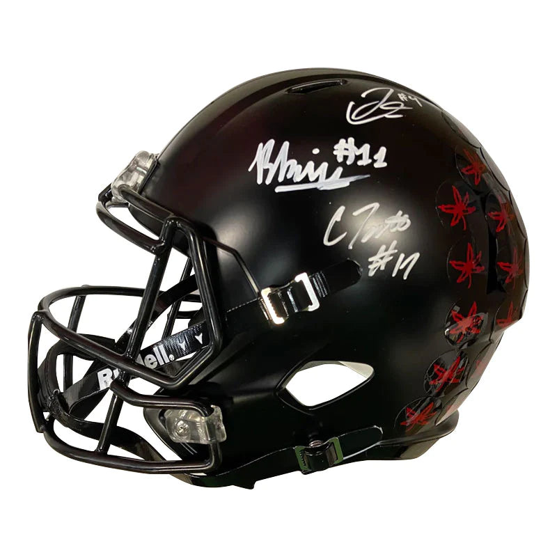 Football helmets for adults-Carnell Tate, Brandon Inniss, Julian Fleming Triple Autographed Ohio State Black Replica Football Helmet