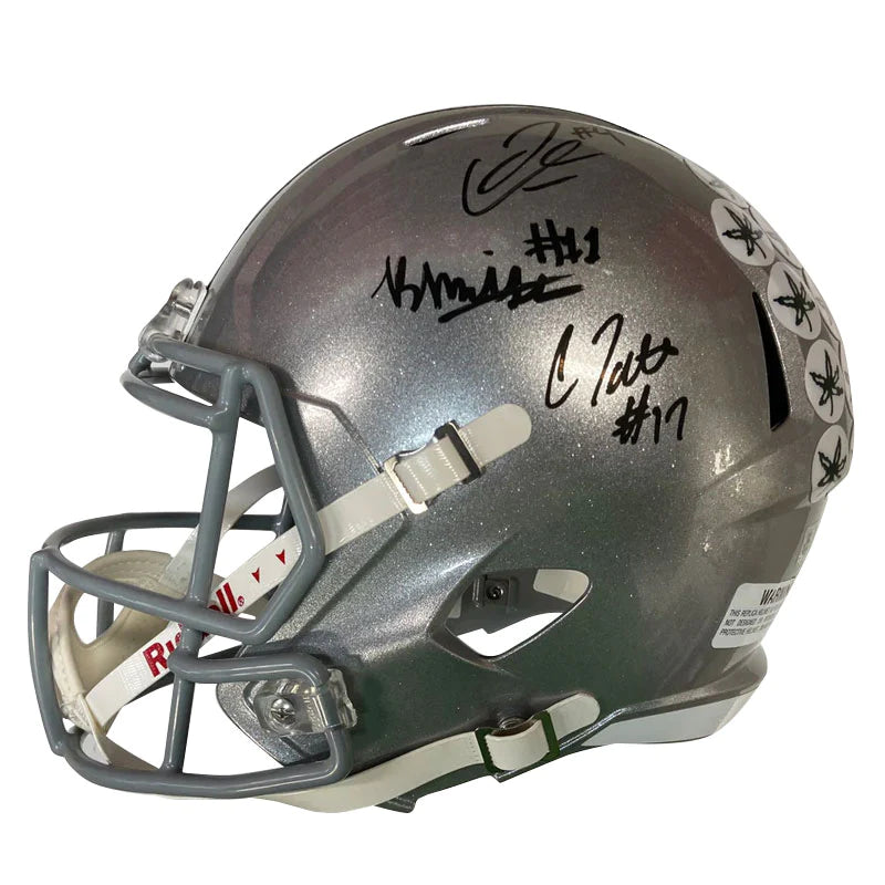 Pairing football helmets with face masks-Carnell Tate, Brandon Inniss, Julian Fleming Triple Autographed Ohio State Silver Replica Football Helmet