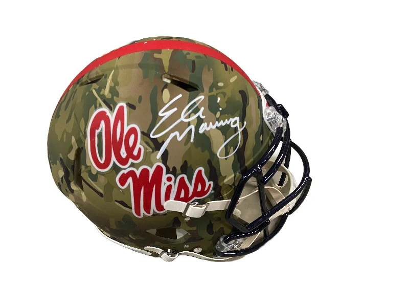 Football helmet protection level ratings-Eli Manning Autographed Ole Miss Camo Authentic Full-Size Helmet