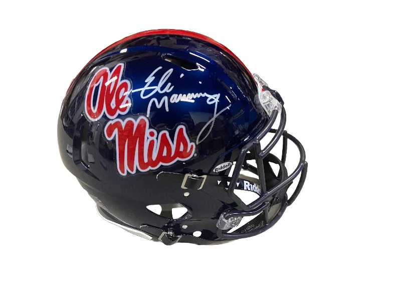 How to determine the right football helmet size-Eli Manning Autographed Ole Miss Navy Authentic Full-Size Helmet