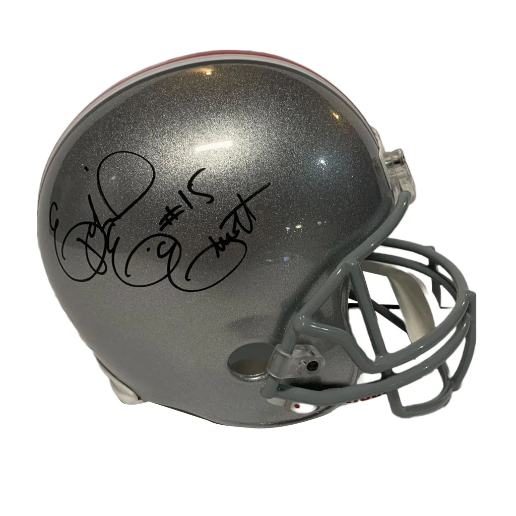 Latest football helmet models-Ezekiel Elliott Autographed Silver Ohio State Full Size Replica Helmet - Beckett