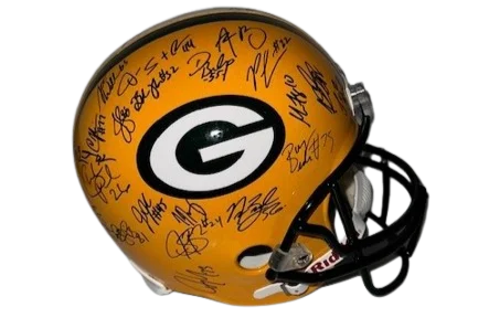 Combination of football helmet and face mask for protection-Green Bay Packers Team Signed Replica Helmet