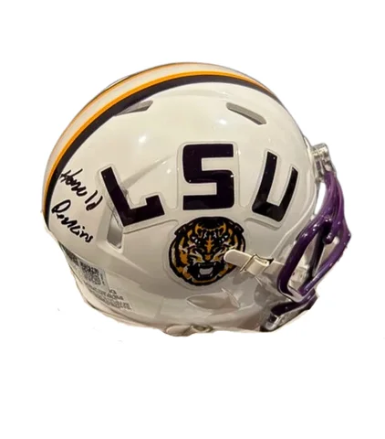 High-tech football helmet features-Harold Perkins Jr. Autographed LSU White Mini Football Helmet