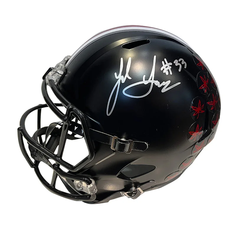 Football helmet protection capabilities-Jack Sawyer Autographed Alternate Black Replica Ohio State Helmet (Signed in Silver)